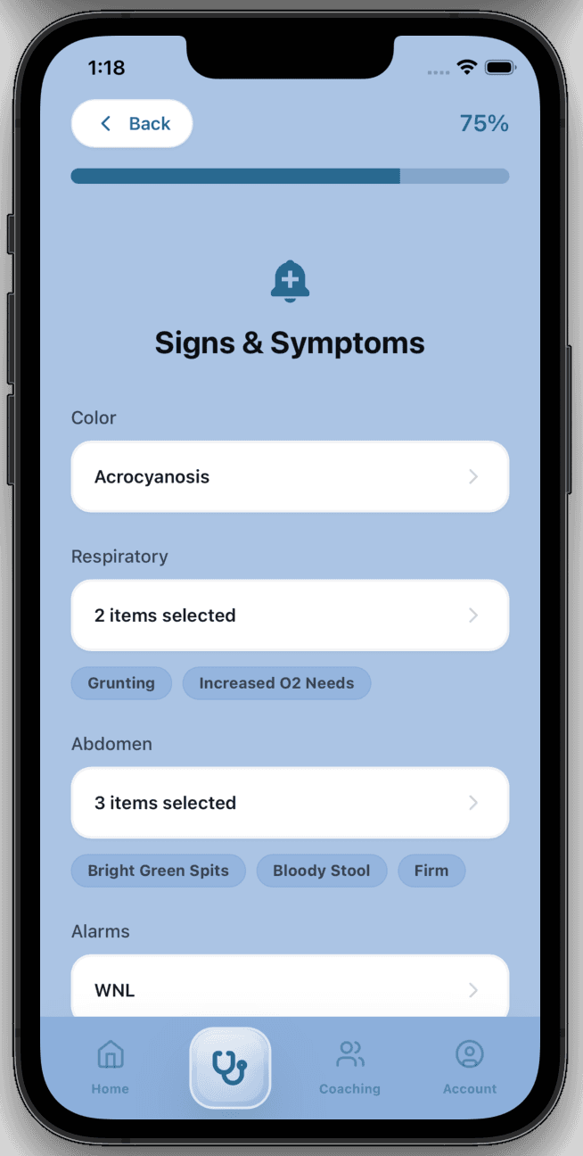 Signs and symptoms page for the LUCA app