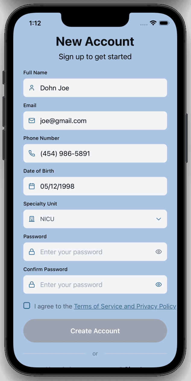 Signup page for the LUCA app