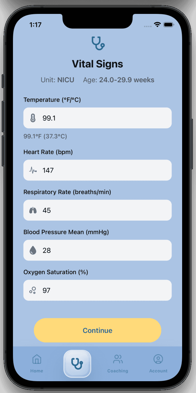 Vitals input page for the LUCA app
